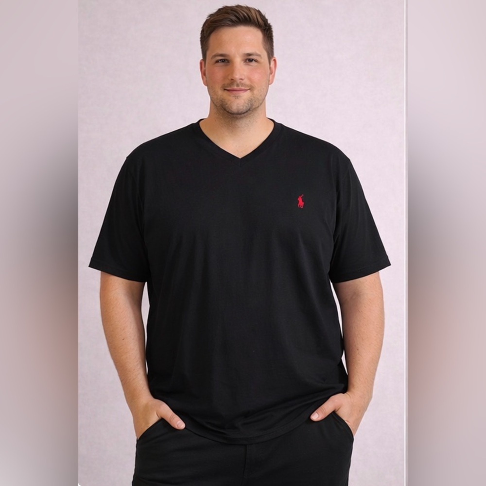 Polo Ralph Lauren Black V-Neck Tee with Red Logo